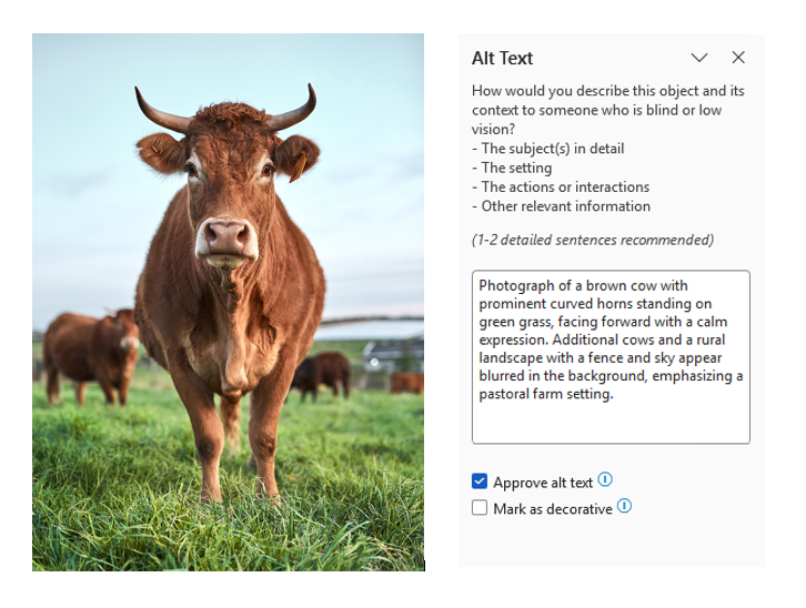 Screenshot of an example of proper alternate text implementation using a Photograph of a brown cow with prominent curved horns standing on green grass, facing forward with a calm expression. Additional cows and a rural landscape with a fence and sky appear blurred in the background, emphasizing a pastoral farm setting.
