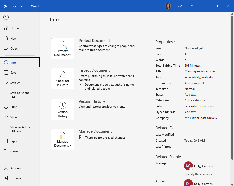 Screenshot of info tab in Microsoft Word showing where to update properties and metadata.